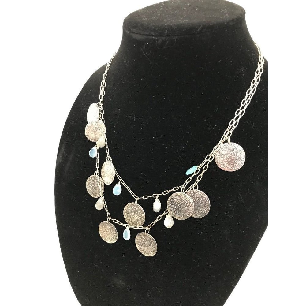 Tiered Silvertone Coin Medallion 20" Necklace Blue Beads Hook Closure
